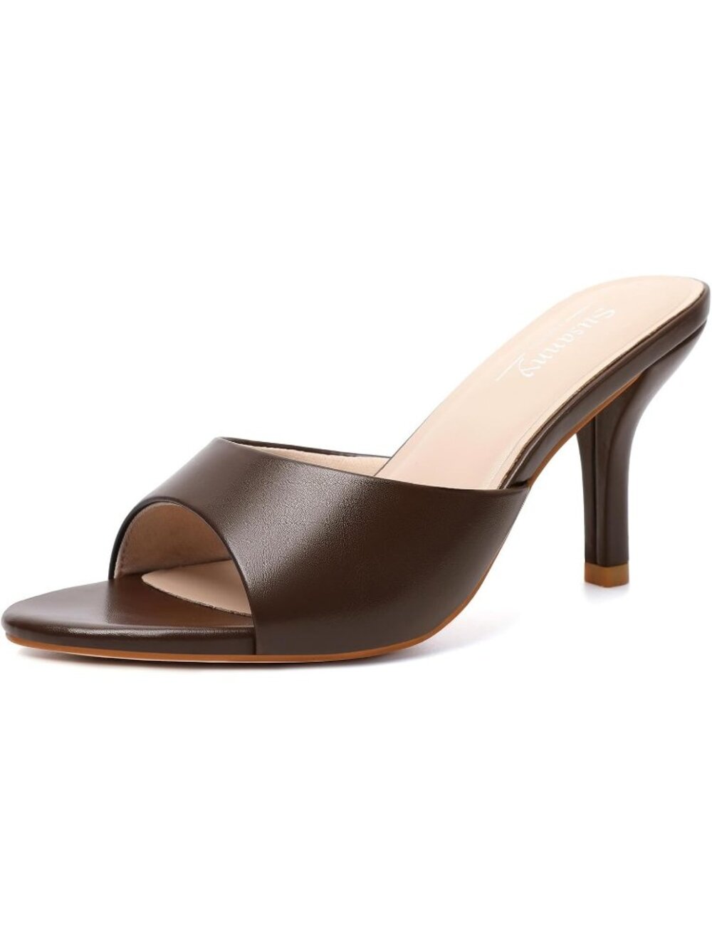 Women's Brown Kitten Heel Pointed Open Toe Sexy Slip on Casual Prom Dressy Shoes
